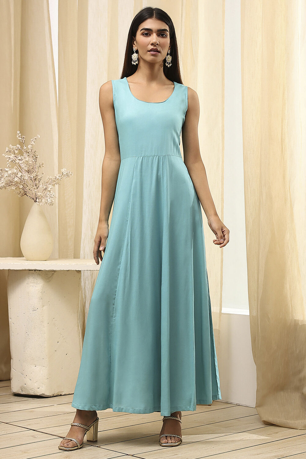 Turquoise Printed Layered Cape Dress image number 2