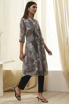 Grey Printed Pleated A-Line Kurta image number 4