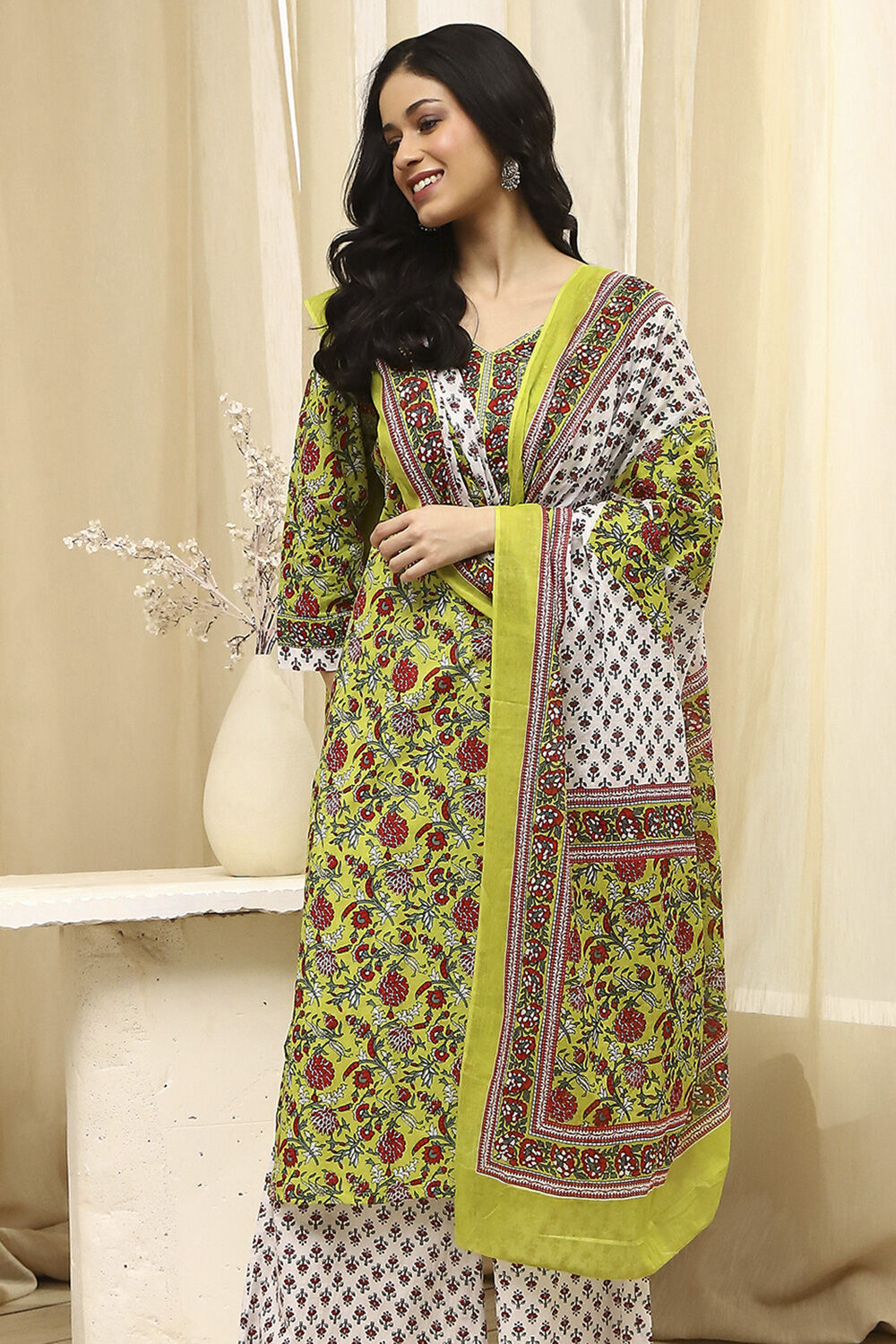 Lime Green and White Cotton Screen Print Unstitched Suit Set image number 8