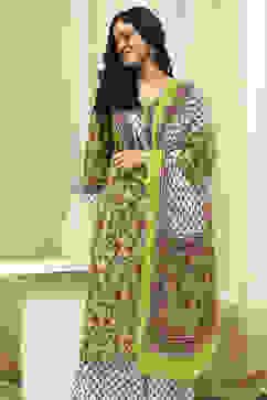 Lime Green and White Cotton Screen Print Unstitched Suit Set image number 8