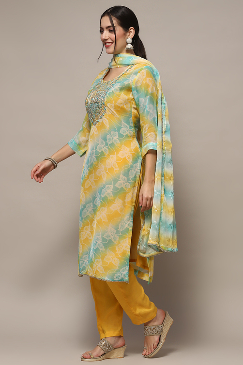 Blue Organza Unstitched Suit set image number 5