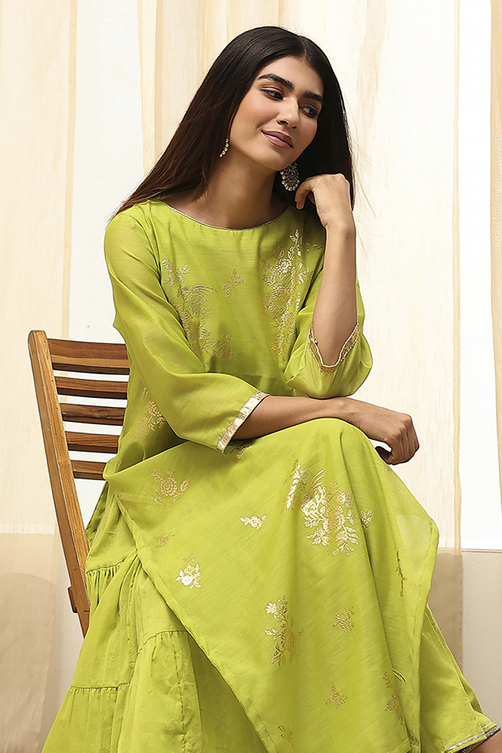 Buy Green Poly Chanderi Layered Tiered Dress Online at Biba India Buy Green Poly Chanderi Layered Tiered Dress Online at Biba India