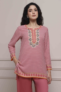 Red Art Silk Printed Straight Short Kurta