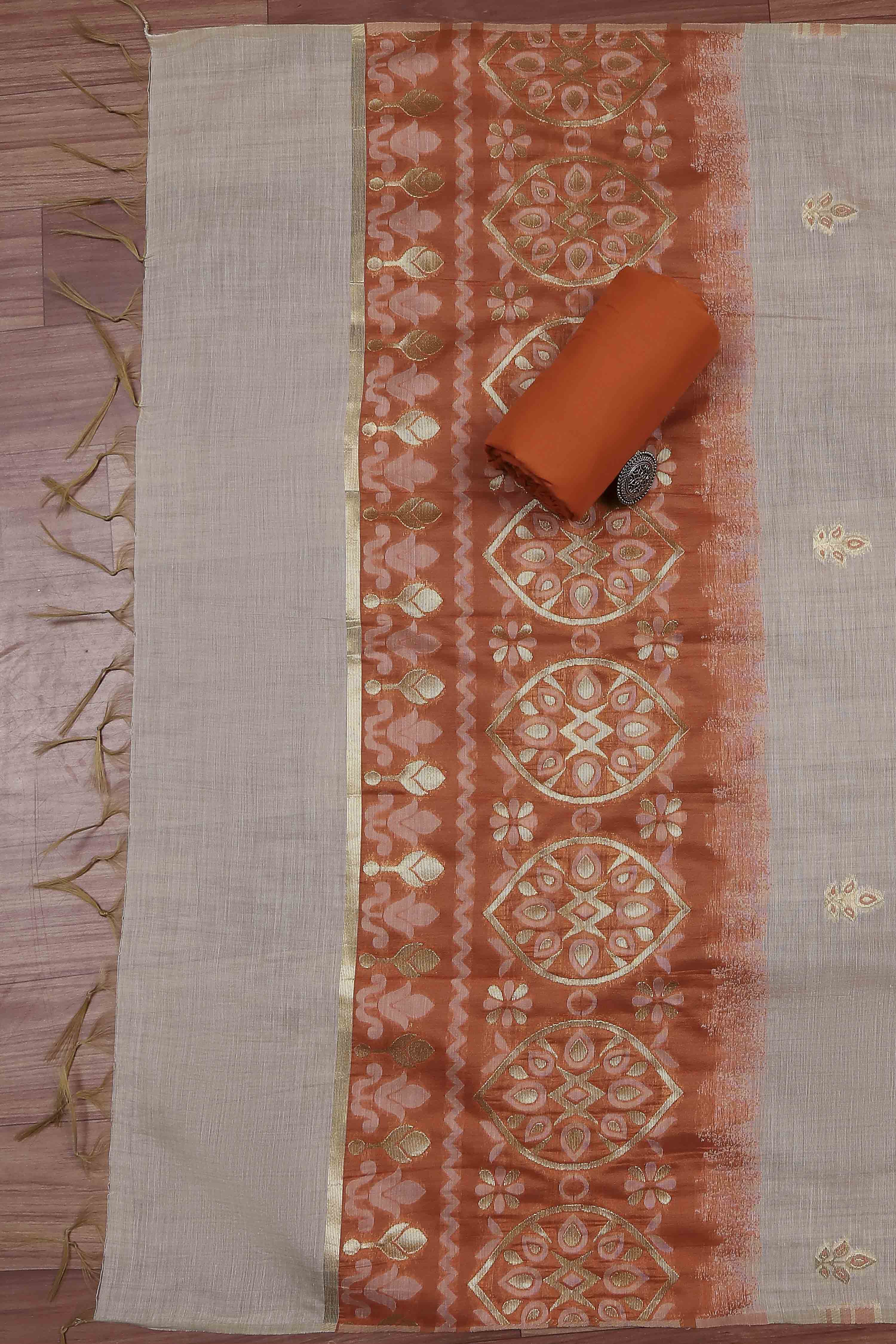 Rust Cotton Jamdani Unstitched Suit Set image number 3