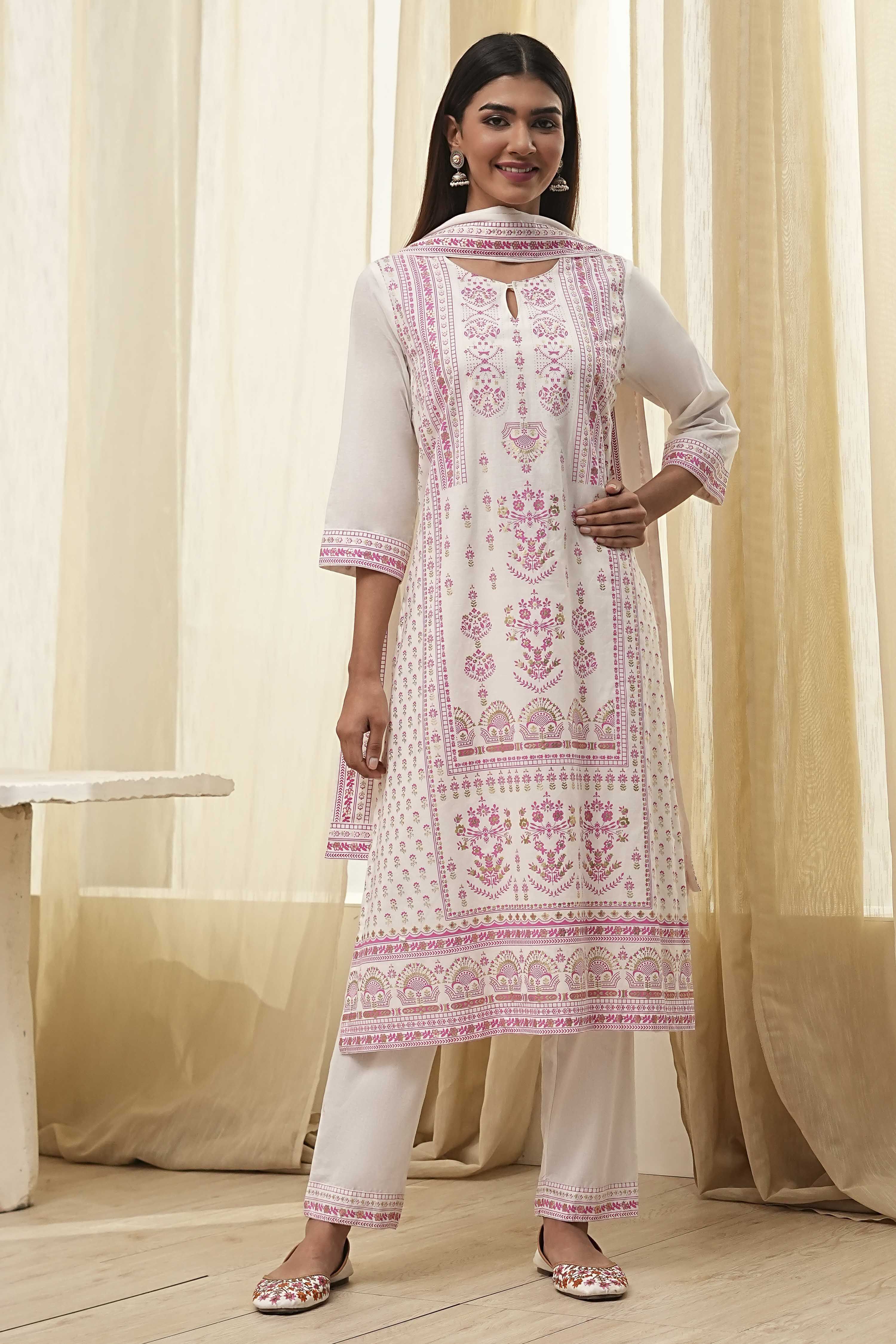 Off-White and Pink Cotton Straight Suit Set image number 6