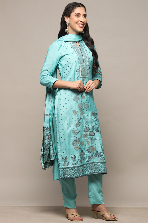 Blue Chanderi Unstitched Suit Set image number 7