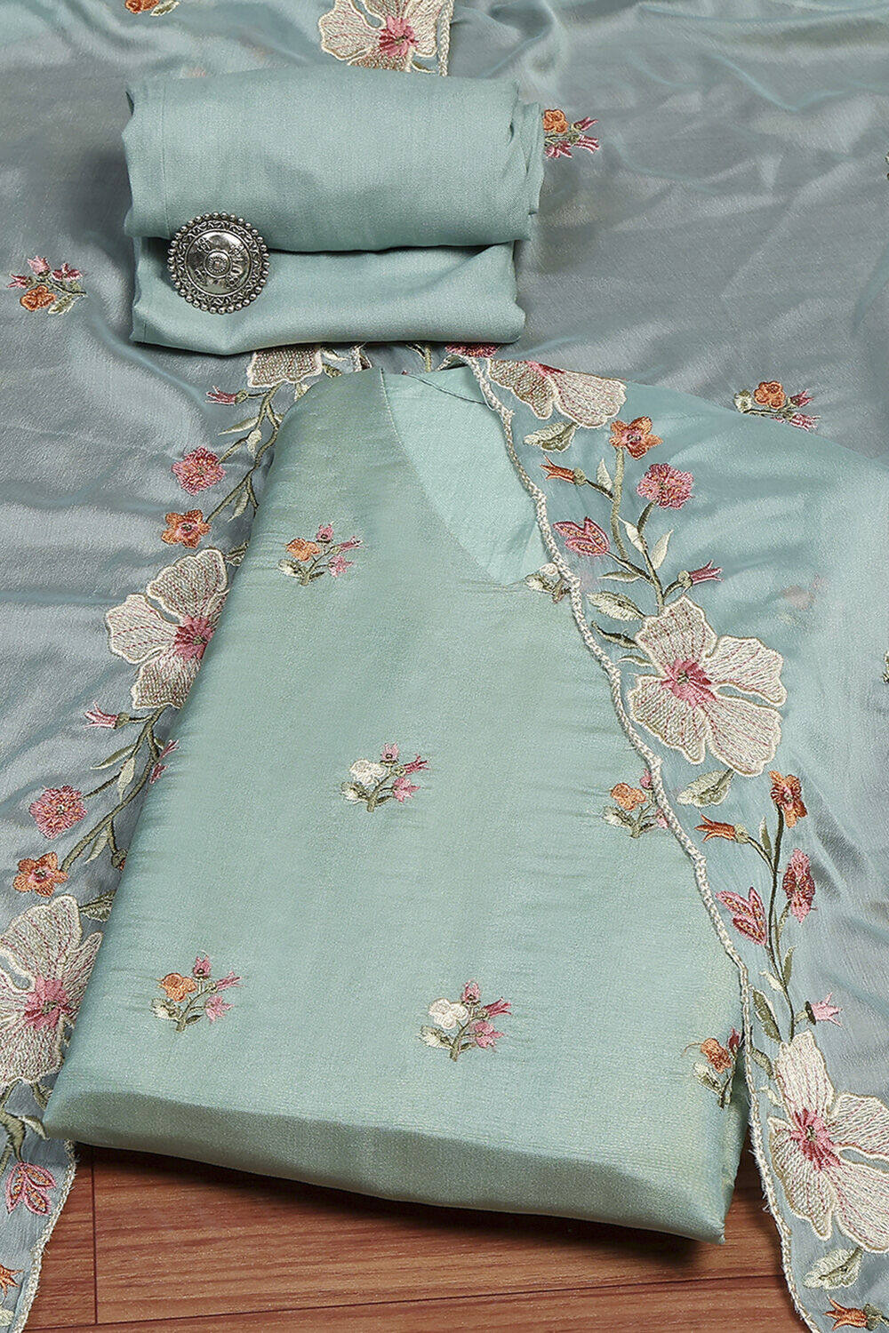 Teal Tissue Machine Embroidered Unstitched Suit Set image number 0