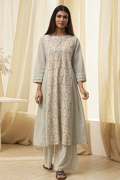 Blue Pure Cotton A-Line Kurta Set  image number 6