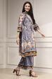 Navy Blue and Beige Cotton Straight Suit Set image number 5