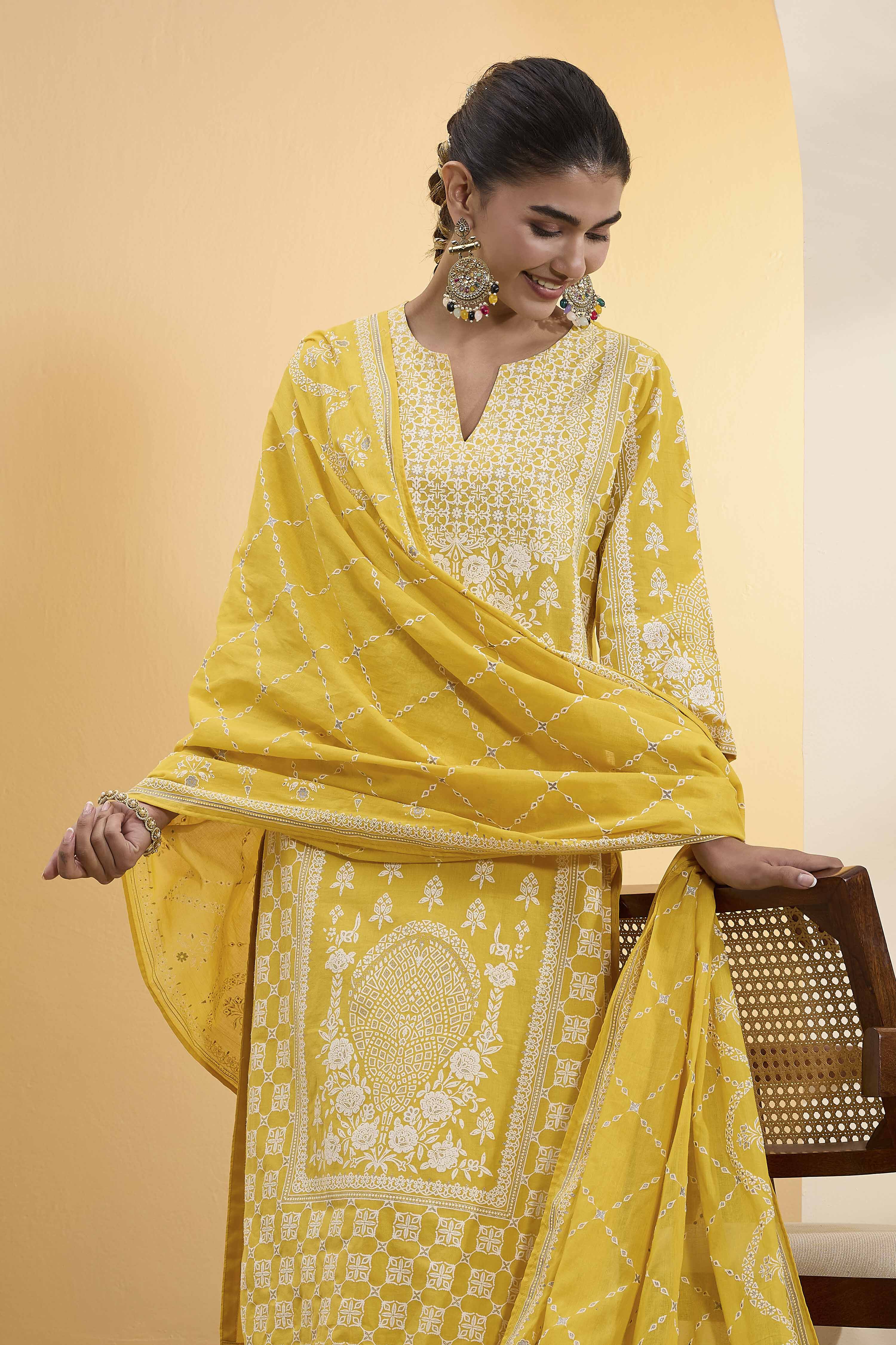 Yellow Silk Chanderi Printed Straight Kurta Set image number 1
