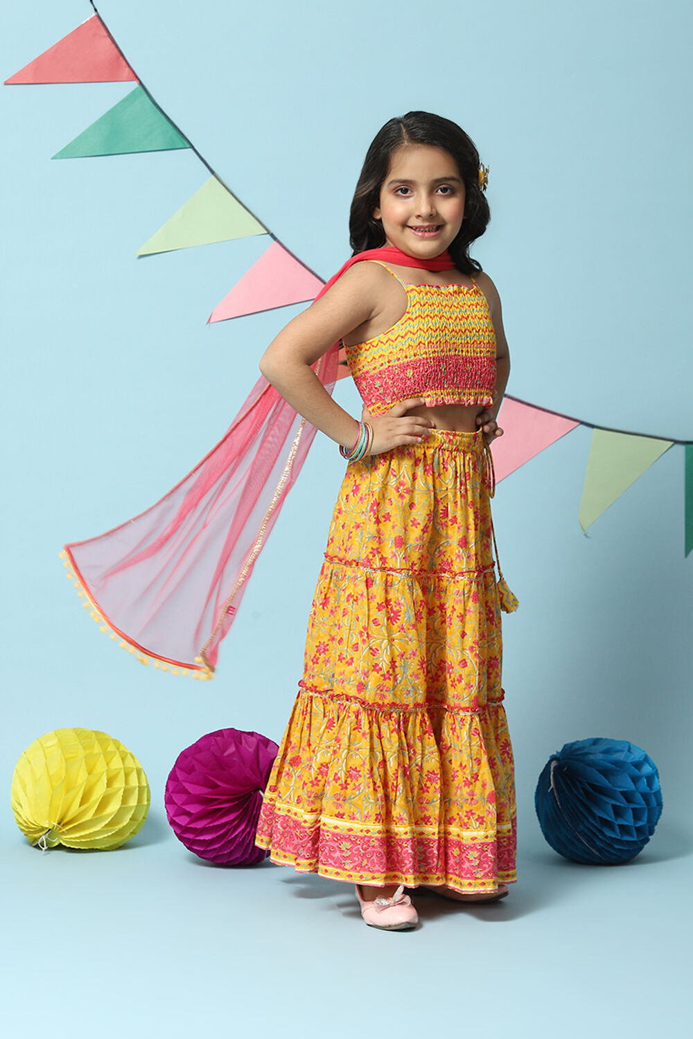 Yellow Cotton Short Top Lehenga Set image number 6