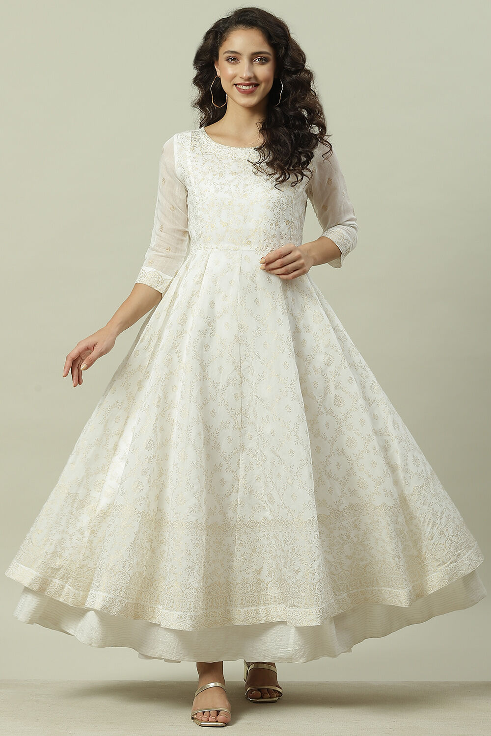 Off White Art Silk Anarkali Printed Dress image number 0