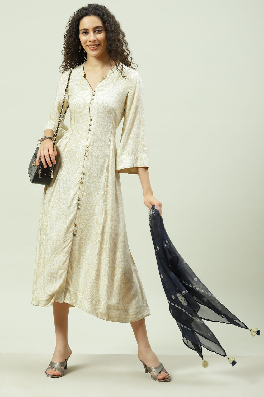 Ecru LIVA A-Line Fusion Printed Dress image number 0