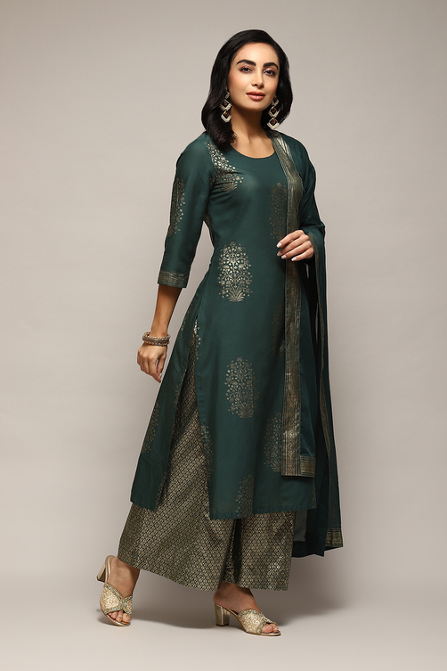 Navy Blue Cotton Straight Printed Kurta Capri Suit Set image number 6