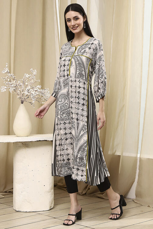 Ivory and Grey Printed Straight Kurta image number 2