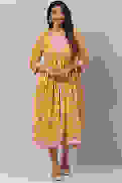 Mustard Cotton Flared Printed Kurta Dress With Shrug image number 0