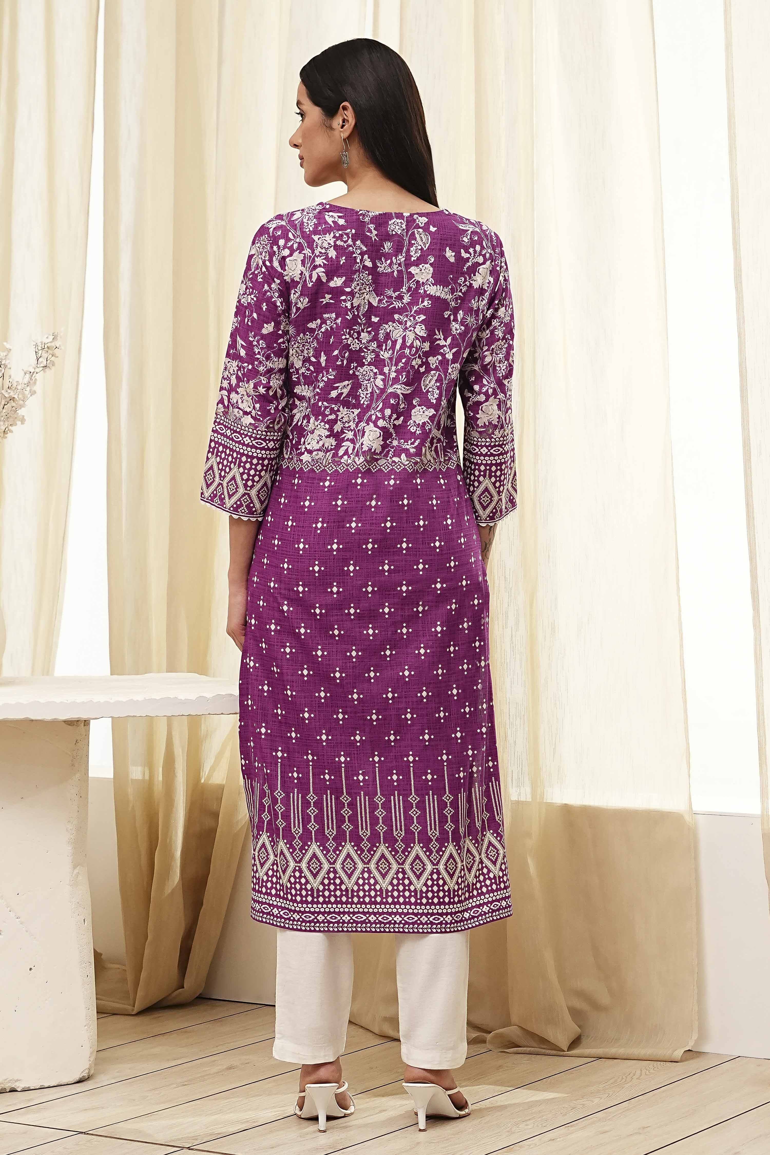 Purple Cotton Printed Straight Kurta image number 3