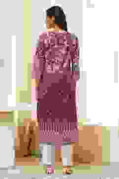 Purple Cotton Printed Straight Kurta image number 3