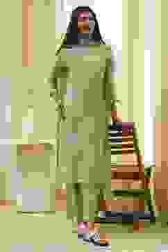 Green Embroidered Straight Suit Set image number 0