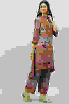 Beige Art Silk Asymmetric Co-ord Set Kurta Palazzo Suit Set image number 5