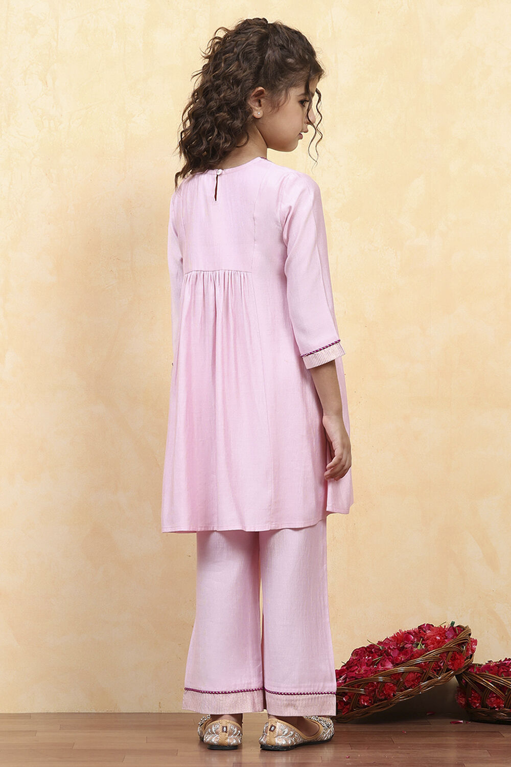 Pink Polyester Dyed Gathered Suit Set image number 4