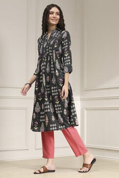 Black Cotton Printed A-Line Kurta image number 2