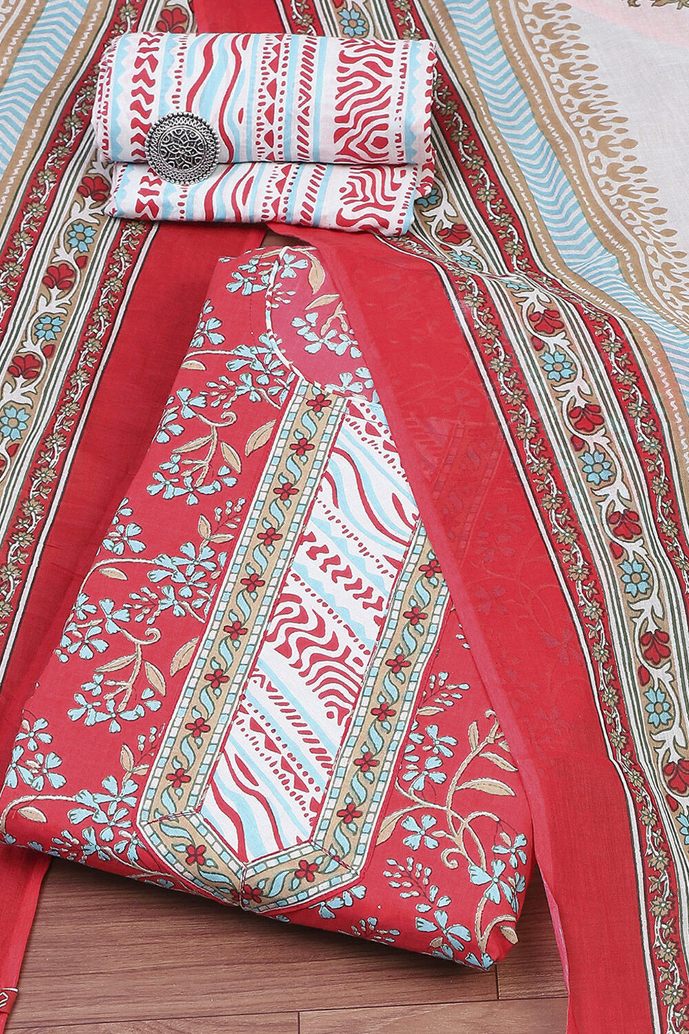 Pink Cotton Screen Print Unstitched Suit Set image number 0