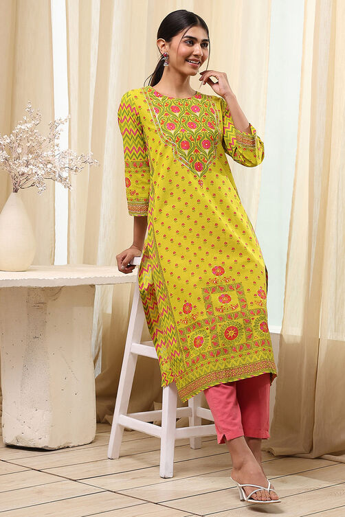 Green Cotton Printed Straight Kurta image number 0