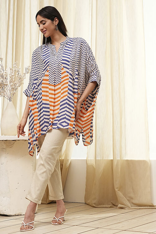 Blue and White Printed Kaftan Short Kurta image number 0