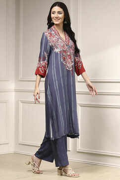 Blue Viscose Rayon Straight Printed Suit Set image number 5