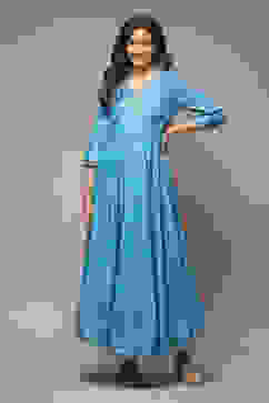 Turquoise Cotton Straight Printed Dress image number 1