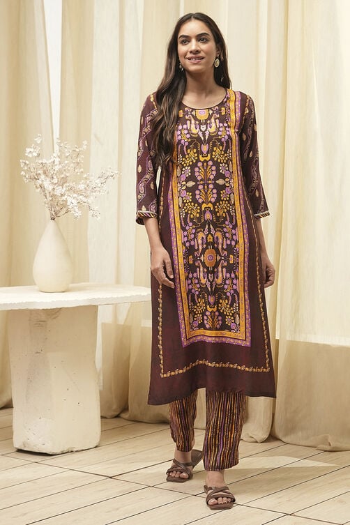 Maroon Cotton Straight Kurta Palazzo Suit Set image number 6