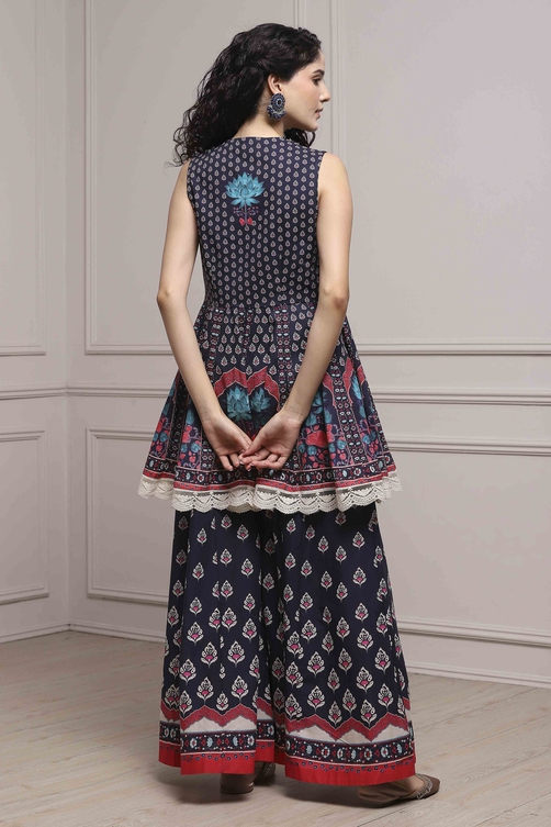 Off White/Blue Cotton Printed Sharara Suit Set image number 4