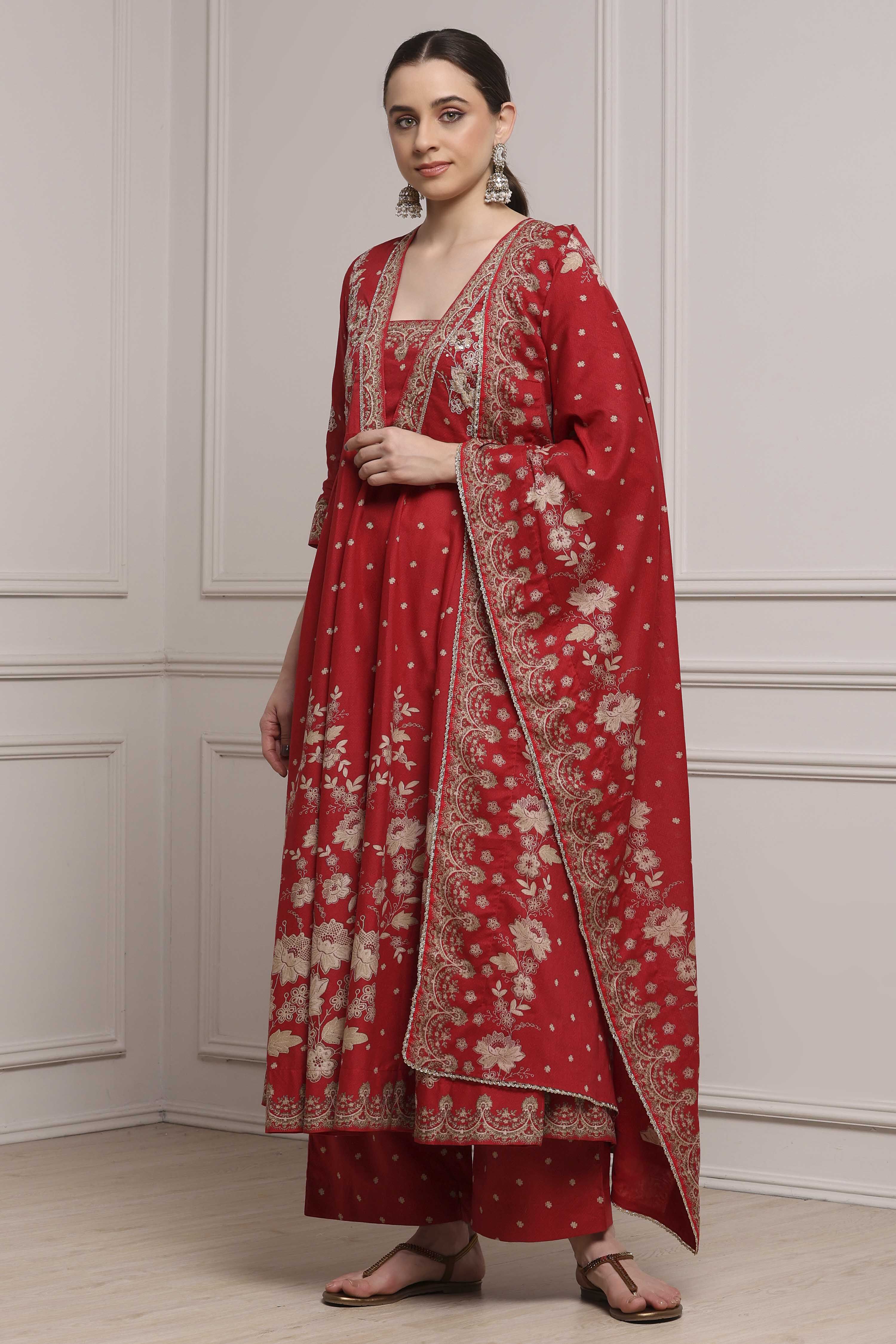Red Cotton Anarkali Printed Suit Set image number 3