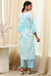 Turquoise Viscose Blend Straight Printed Fusion Set image number 4