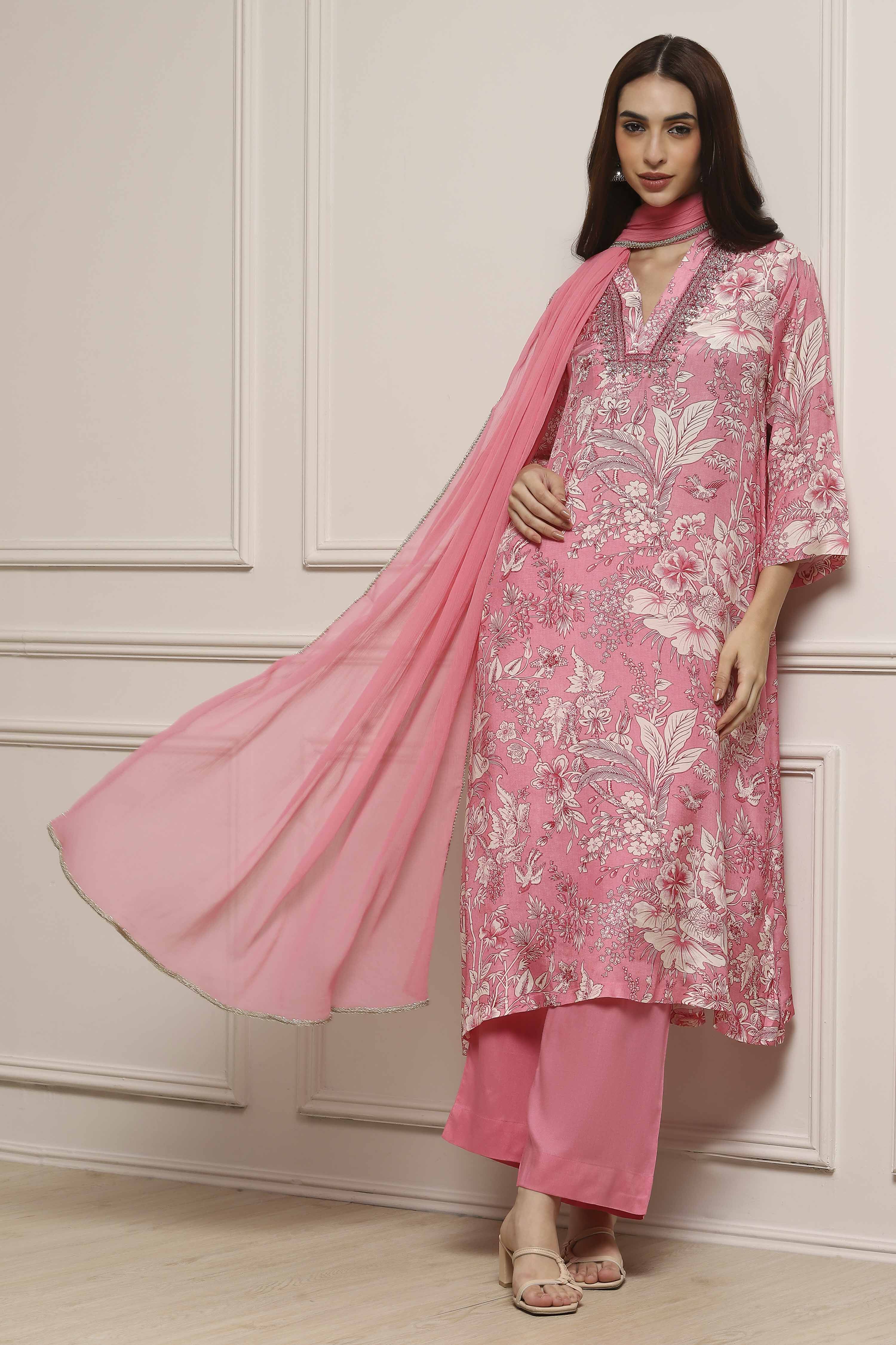 Pink Viscose Rayon Asymmetric Printed Suit Set image number 0
