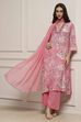 Pink Viscose Rayon Asymmetric Printed Suit Set