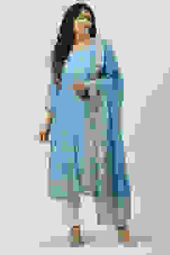 Blue LIVA Straight Kurta Palazzo Suit Set image number 5