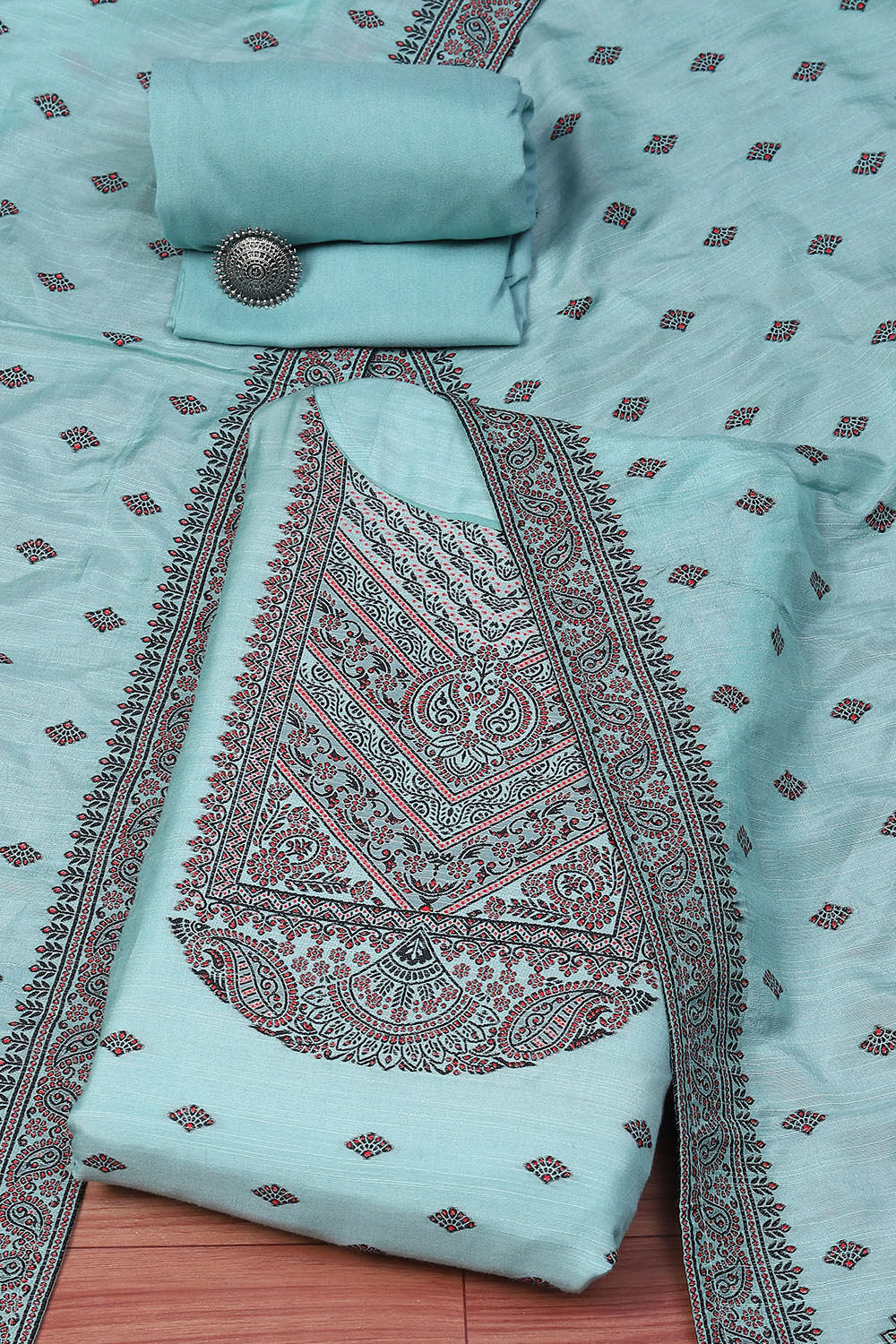 Sky Blue Chanderi Unstitched Suit Set image number 0