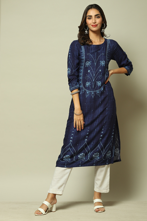 Indigo LIVA Straight Printed Kurta image number 6