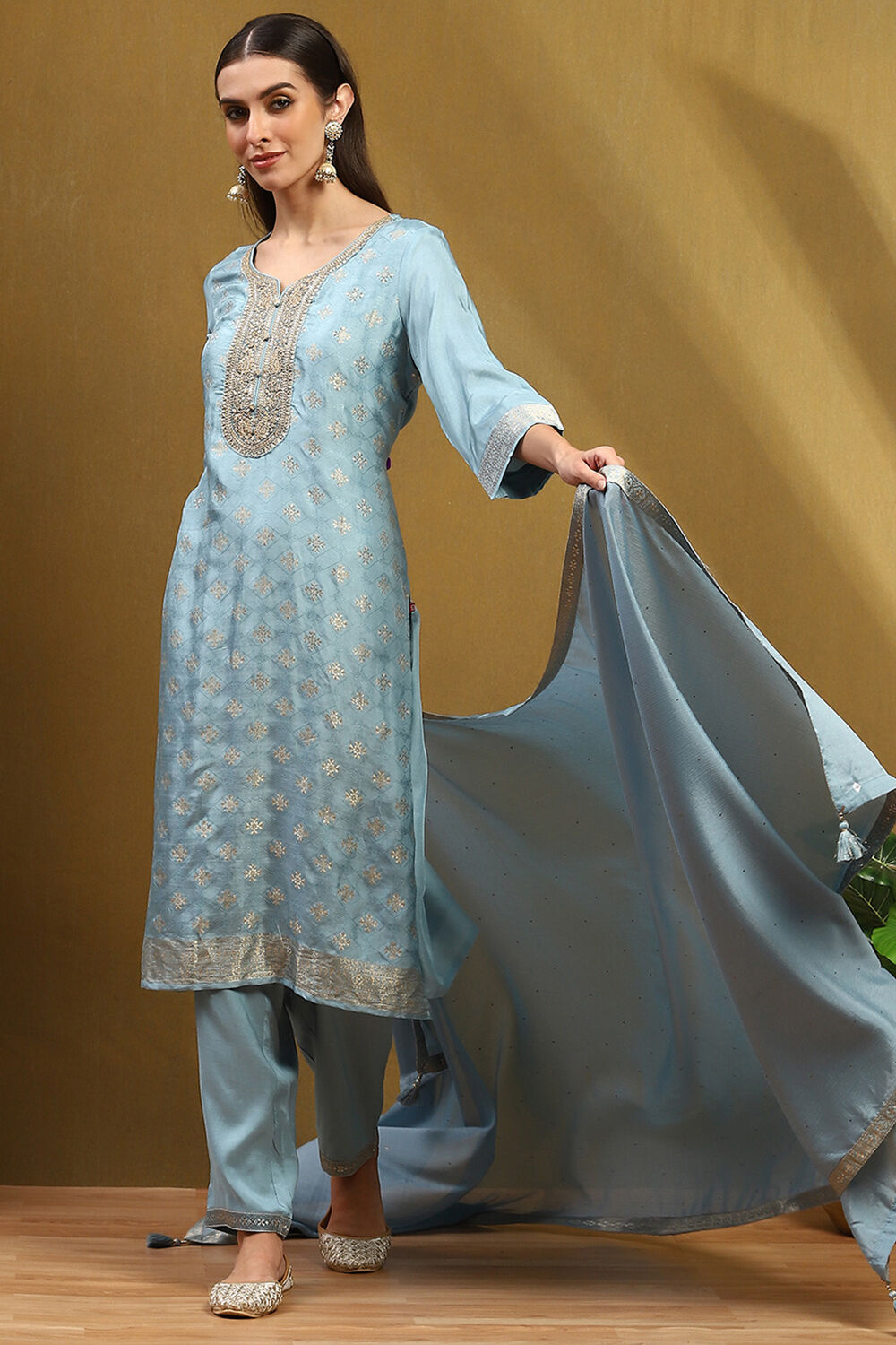 Blue Viscose Blend Yarn Dyed Straight Suit Set image number 0