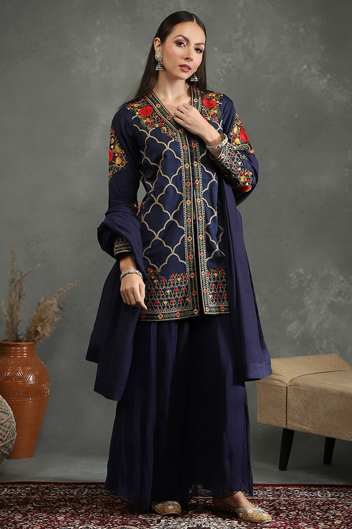 Rohit Bal Blue Silk Chanderi Floral Straight Suit Set image number 5