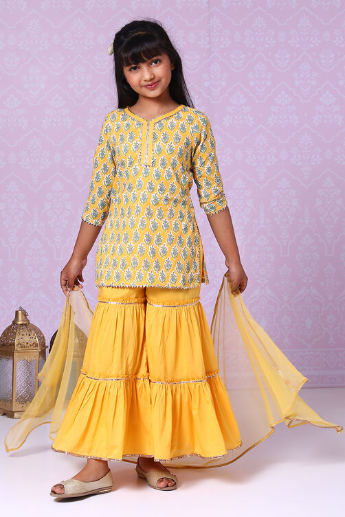 Yellow Cotton Straight Kurta Sharara Suit Set image number 4