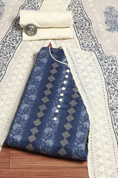 Navy Blue Cotton Handloom Unstitched Suit Set image number 0