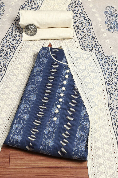 Navy Blue Cotton Handloom Unstitched Suit Set image number 0