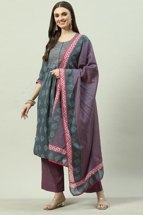 Blue Cotton Straight Suit Set image number 2
