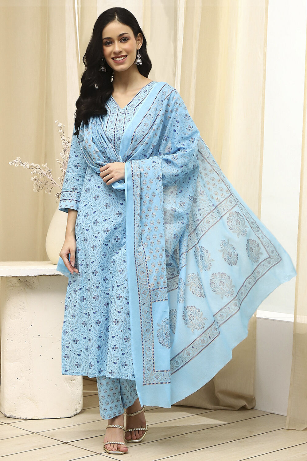 Pink Cotton Screen Print Unstitched Suit Set image number 1