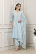 Blue Silk Chanderi Yoke Embroidered Kalidar Suit Set