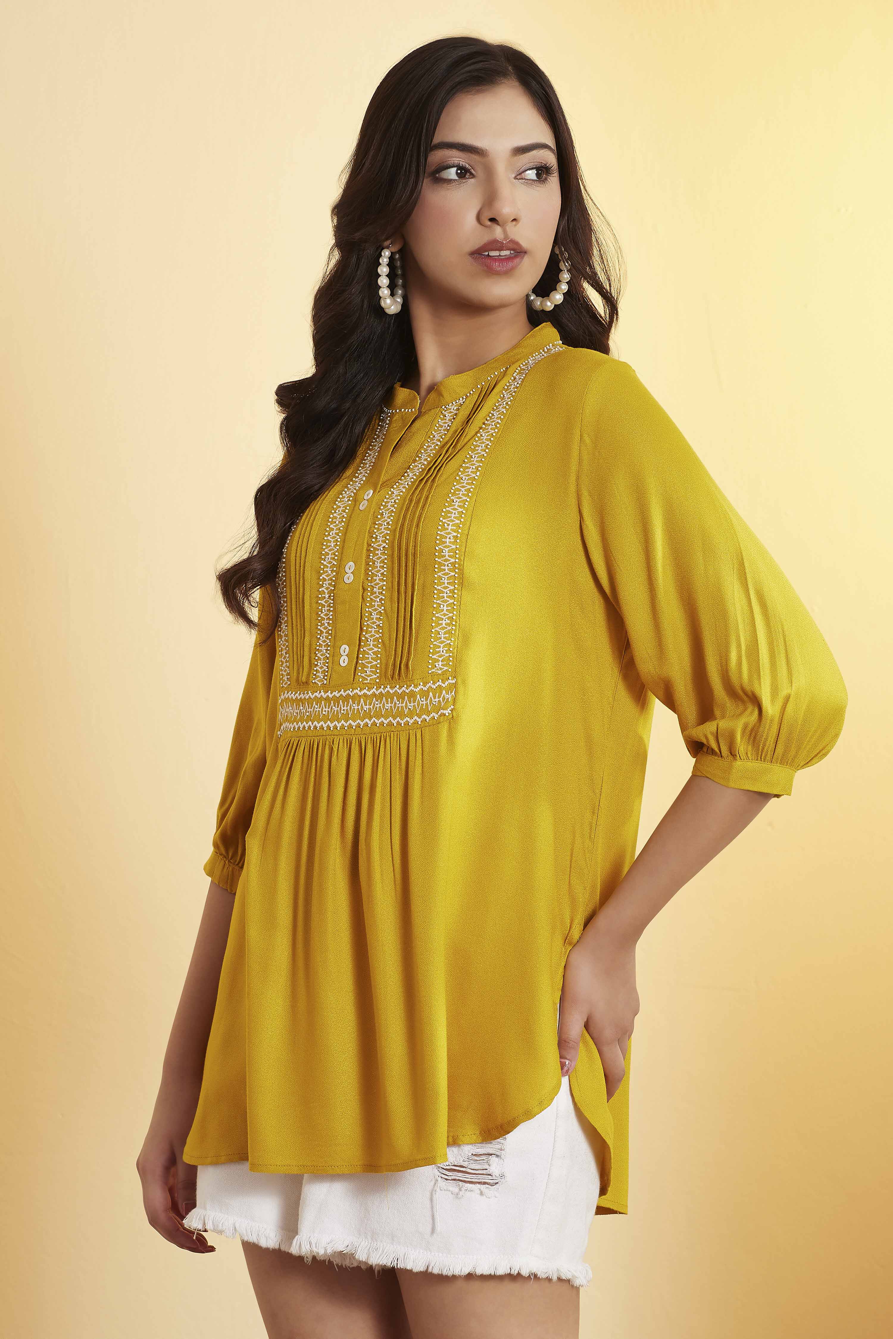 Mustard Embroidered Straight Kurti image number 2