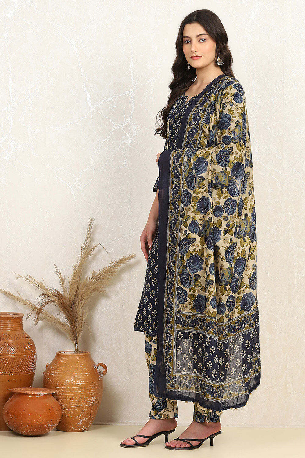 Blue Cotton Printed Unstitched Suit Set image number 4